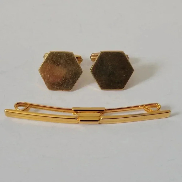 Vintage Tie Bar Cuff Links Set Gold Tone - Picture 2 of 3